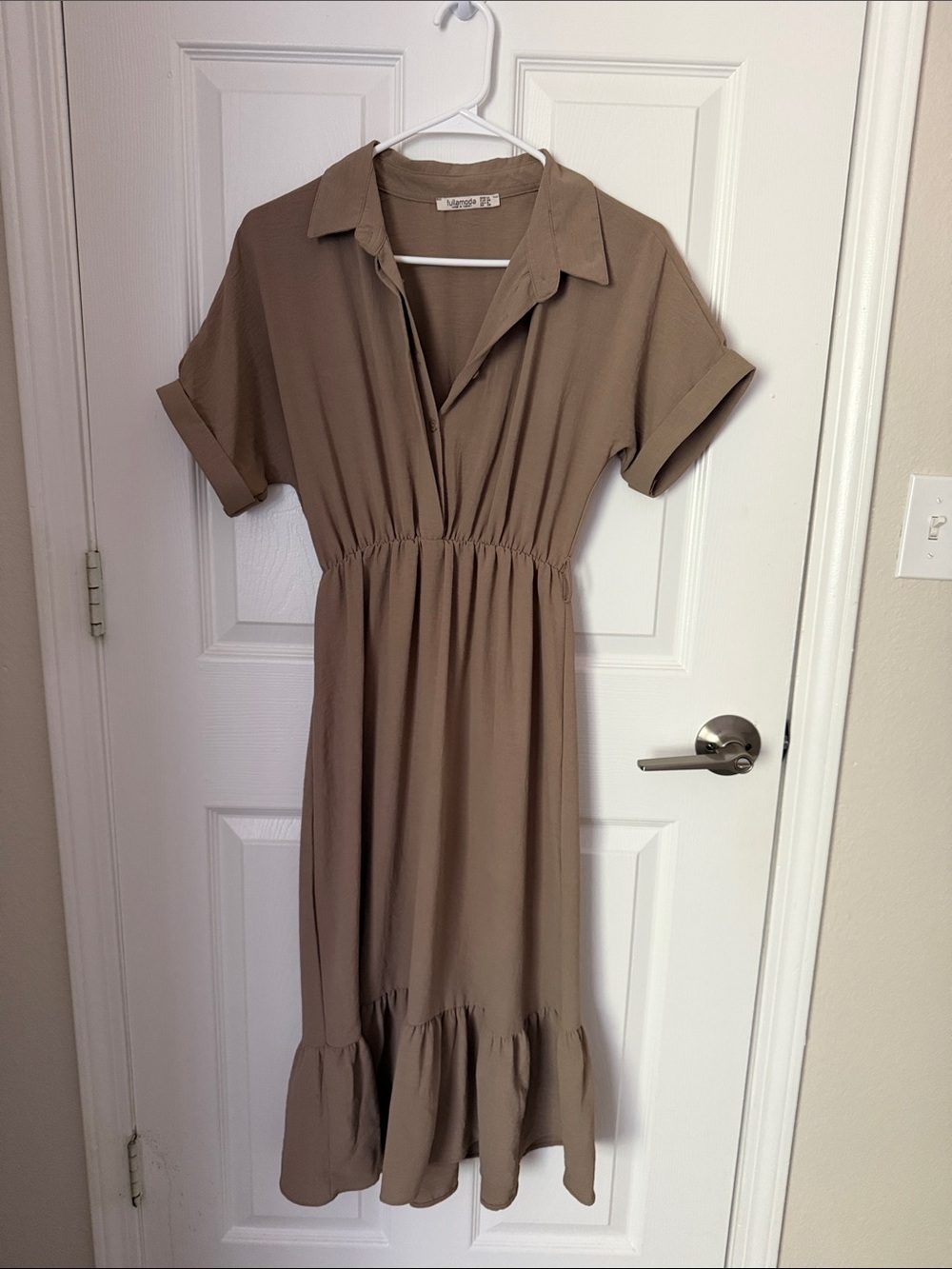 FullaModa Taupe Collared Ruffle-Hem Midi Dress